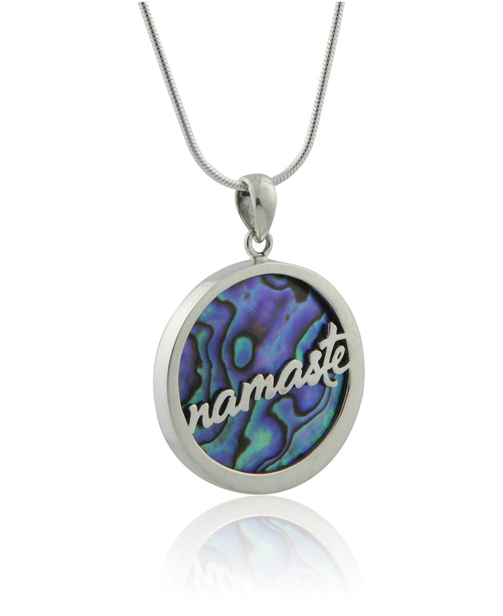 Abalone Shell Namaste Pendant, Stainless Steel