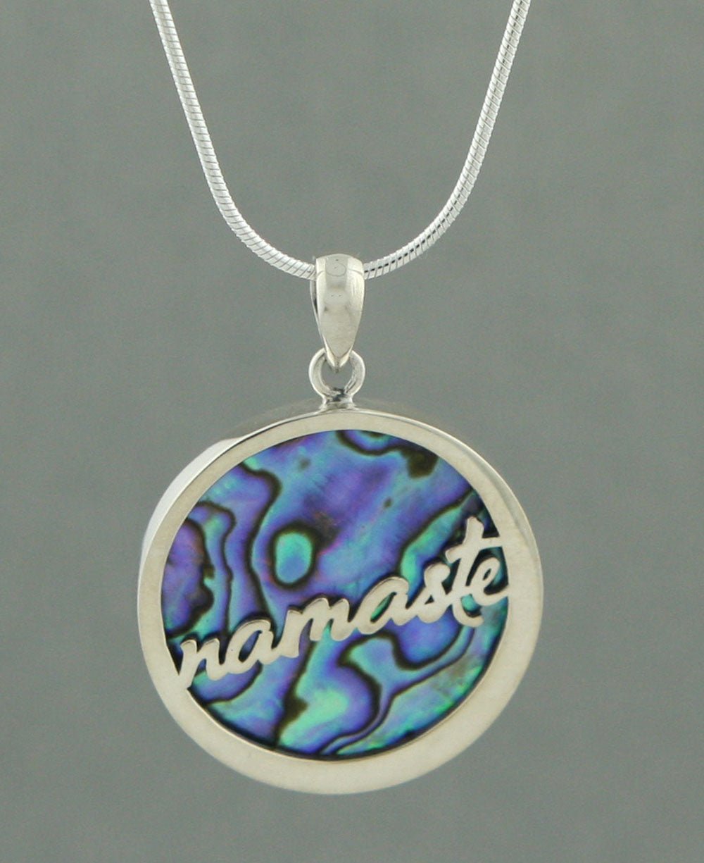 Abalone Shell Namaste Pendant, Stainless Steel