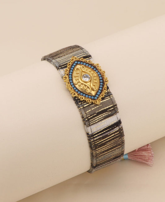 Adjustable Velvet Band Bracelet With Evil Eye Symbol