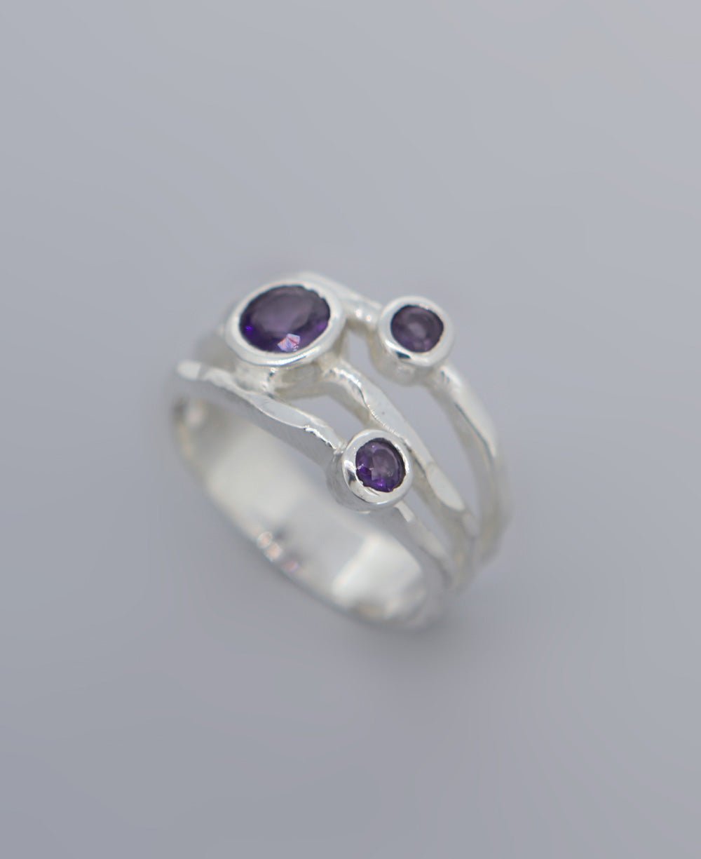 Amethyst Triple Gemstone Ring, Stainless Steel