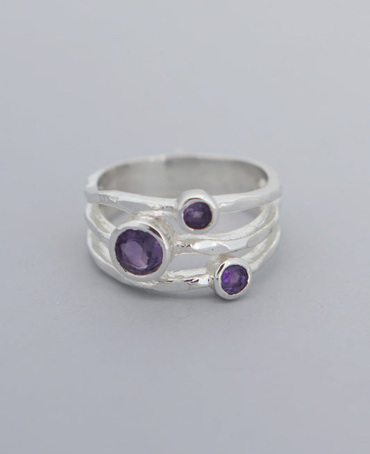 Amethyst Triple Gemstone Ring, Stainless Steel