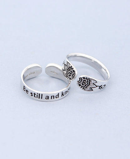 Be Still And Know Adjustable Inspirational Stainless Steel Lotus Ring