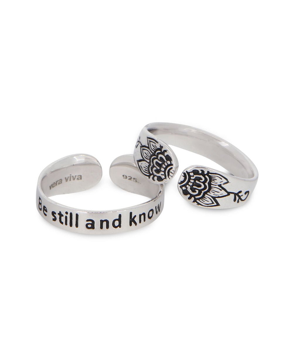 Be Still And Know Adjustable Inspirational Stainless Steel Lotus Ring