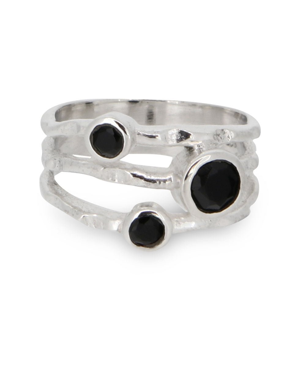 Black Onyx Triple Gemstone Ring, Stainless Steel