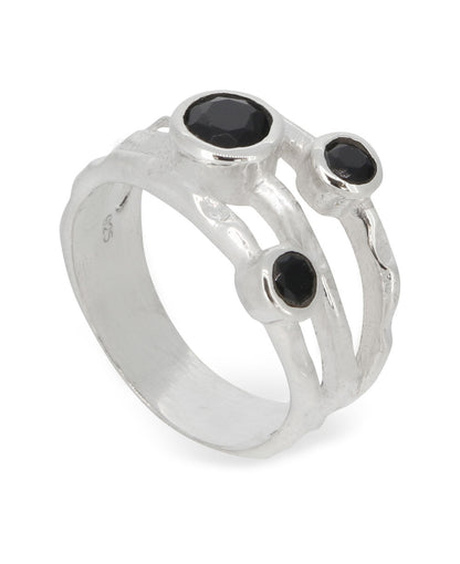 Black Onyx Triple Gemstone Ring, Stainless Steel