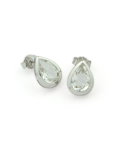 Clear Quartz Gemstone Teardrop Stud Earrings, Stainless Steel