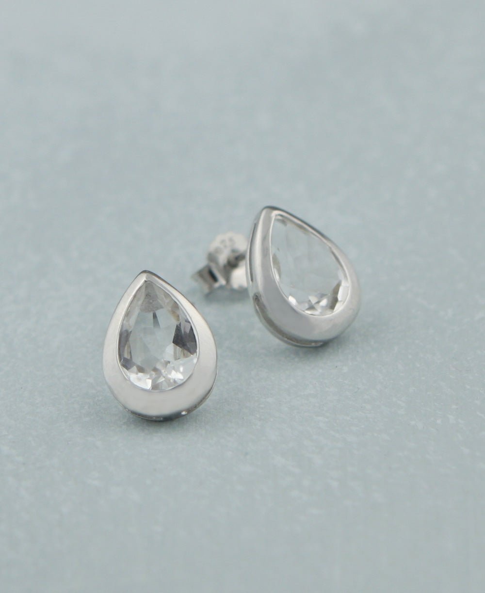 Clear Quartz Gemstone Teardrop Stud Earrings, Stainless Steel