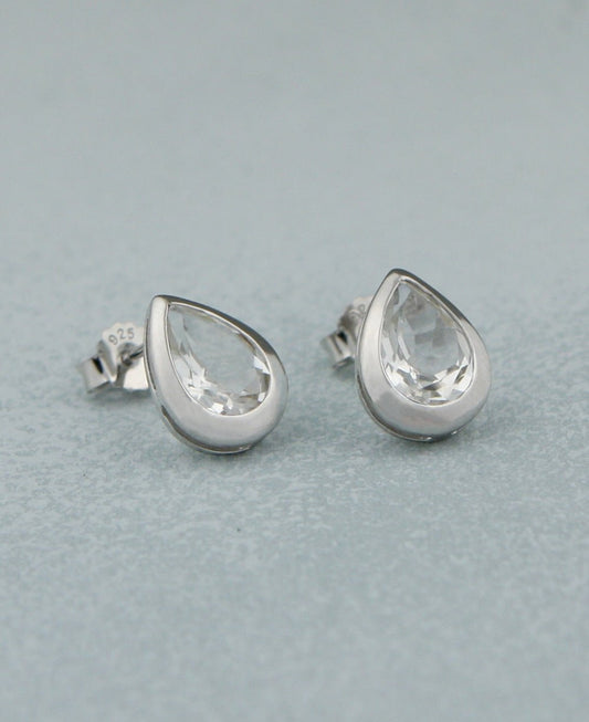 Clear Quartz Gemstone Teardrop Stud Earrings, Stainless Steel