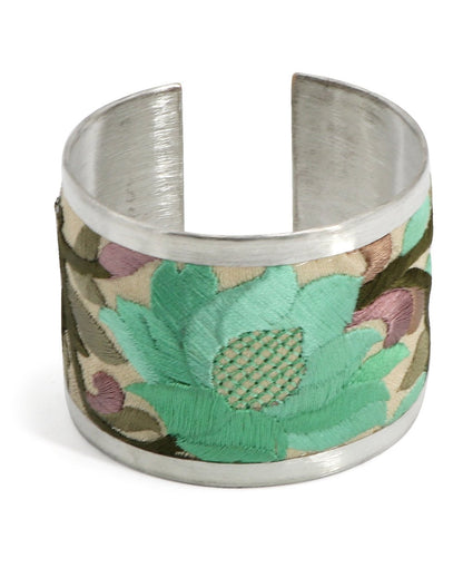 Embroidered Lotus Cuff Bracelet In Green