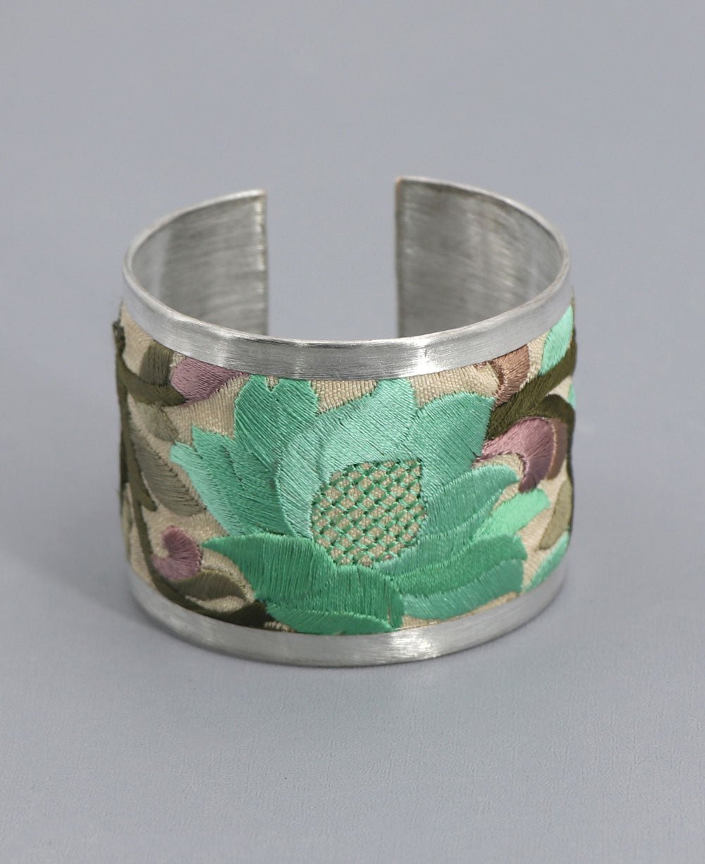 Embroidered Lotus Cuff Bracelet In Green