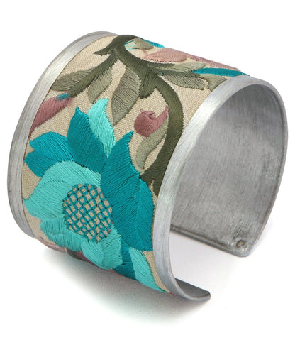 Embroidered Lotus Cuff Bracelet In Turquoise