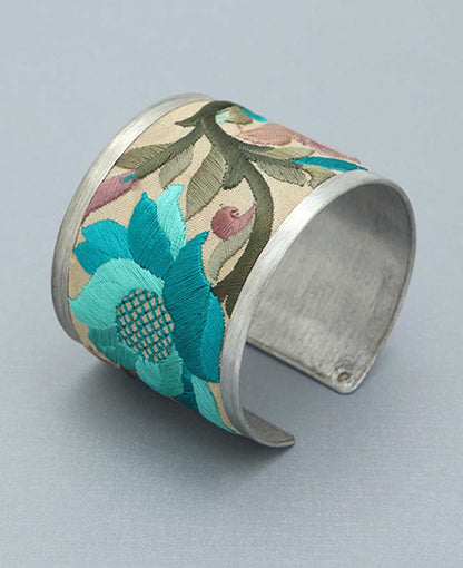 Embroidered Lotus Cuff Bracelet In Turquoise