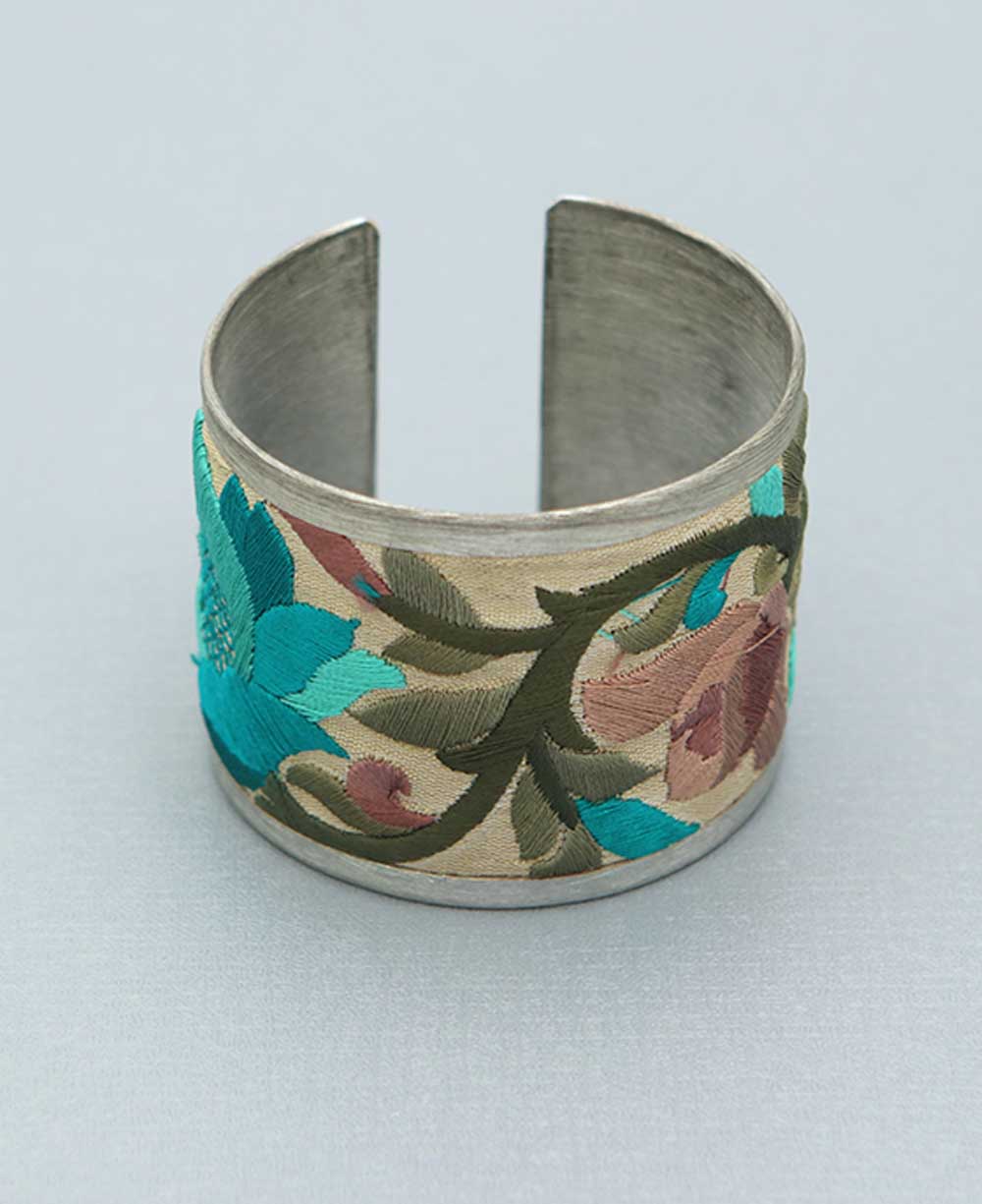 Embroidered Lotus Cuff Bracelet In Turquoise