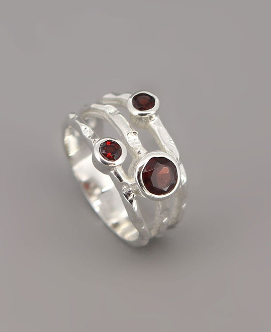 Garnet Triple Gemstone Ring, Stainless Steel