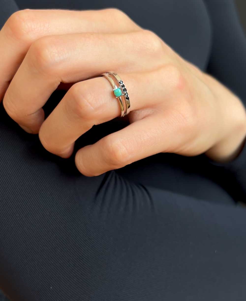 Gemstone Protection Ring With Onyx And Turquoise