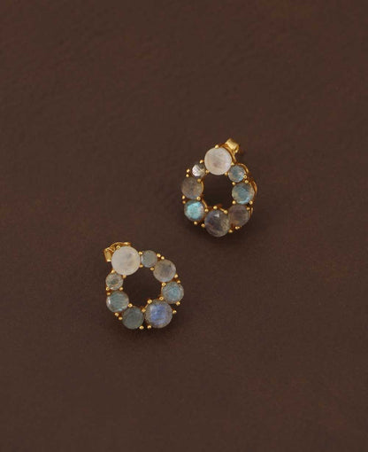 Gold Plated Labradorite Stud Earrings With Rainbow Moonstone