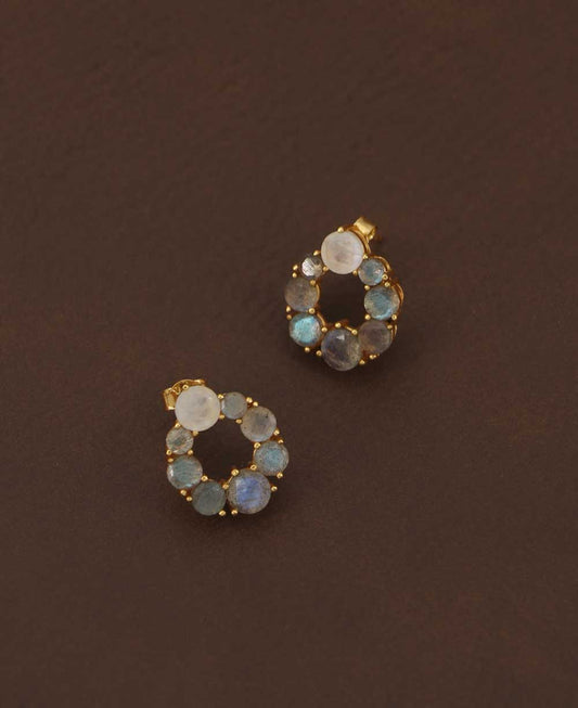 Gold Plated Labradorite Stud Earrings With Rainbow Moonstone