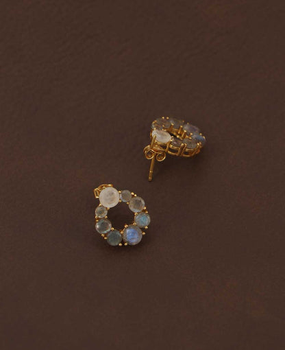 Gold Plated Labradorite Stud Earrings With Rainbow Moonstone