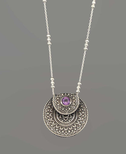 Inspirational Stainless Steel Mandala Necklace With Amethyst