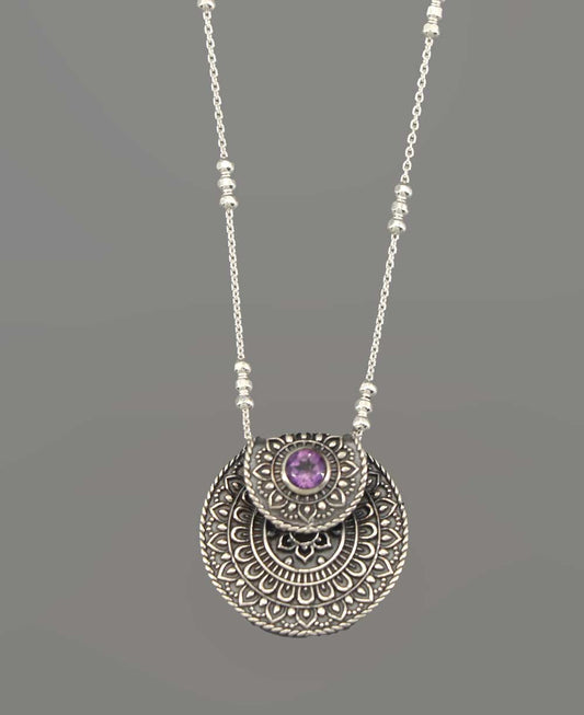 Inspirational Stainless Steel Mandala Necklace With Amethyst