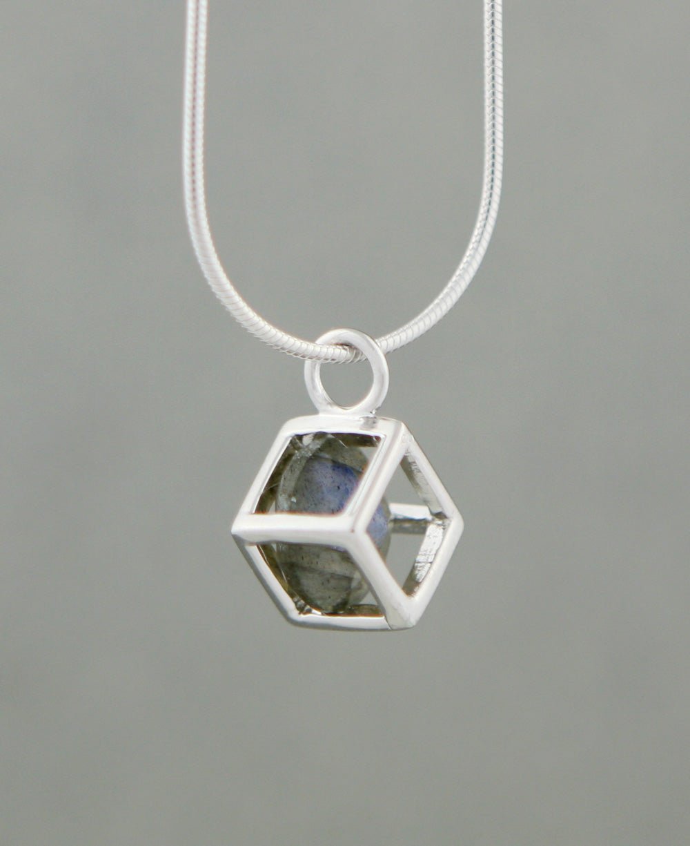 Labradorite Gemstone And Stainless Steel Cube Pendant