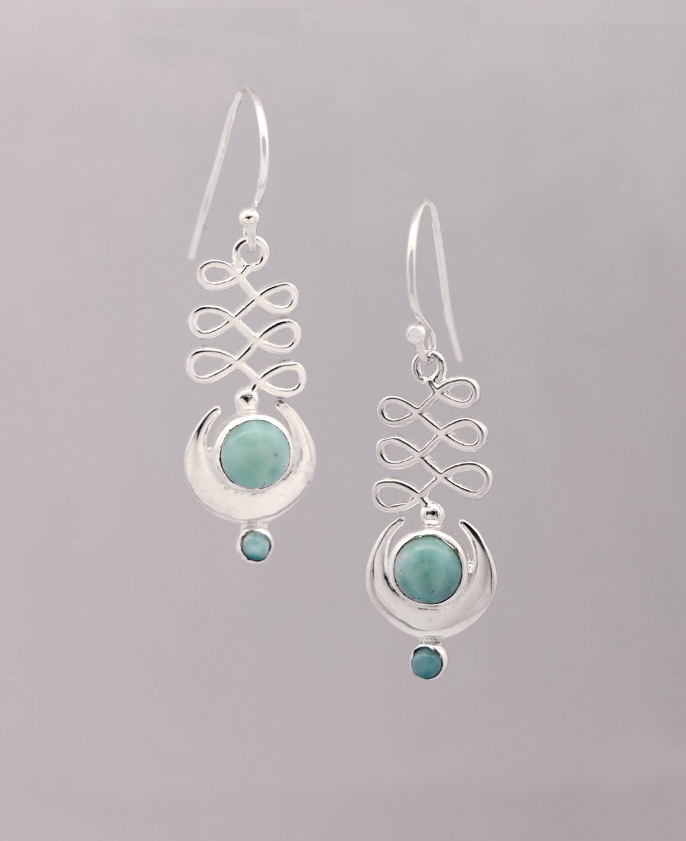 Larimar And Stainless Steel Unalome Moon Earrings