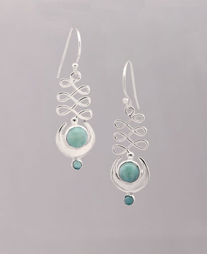 Larimar And Stainless Steel Unalome Moon Earrings