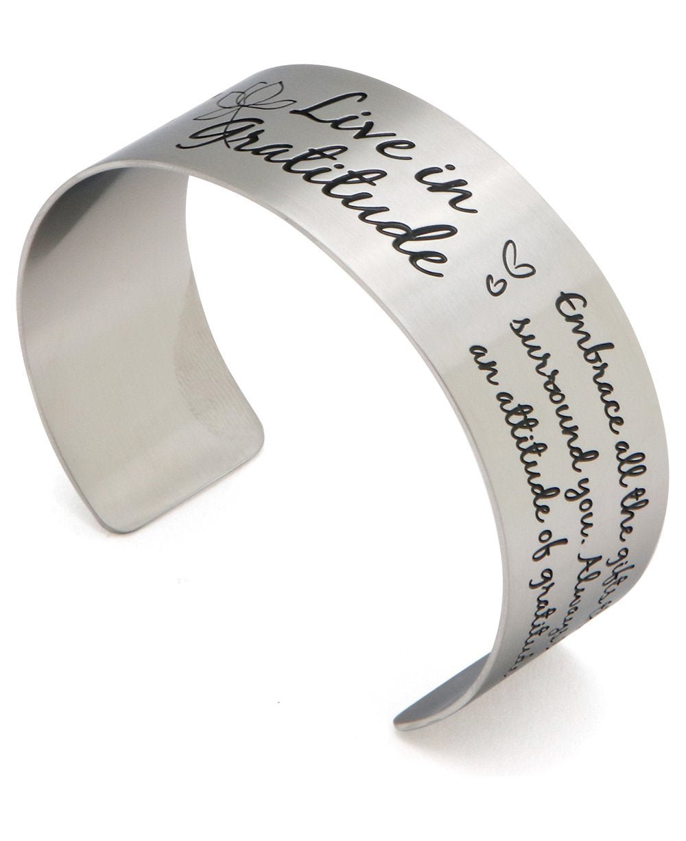 Live In Gratitude Stainless Steel Adjustable Inspirational Cuff Bracelet