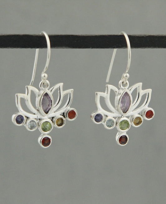 Lotus Gemstone Chakra Earrings, Stainless Steel