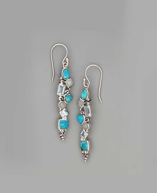 Mixed Geometry Turquoise, Blue Topaz, Amazonite Stainless Steel Earrings