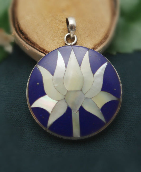 Mother Of Pearl And Lapis Stainless Steel Lotus Pendant