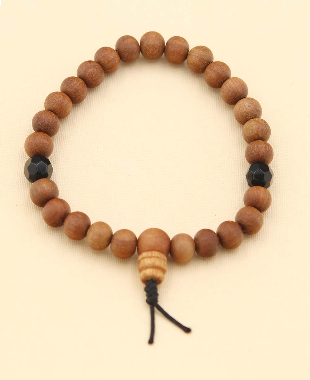 Sandalwood Stretch Wrist Mala With Stone Counters, 27 Beads