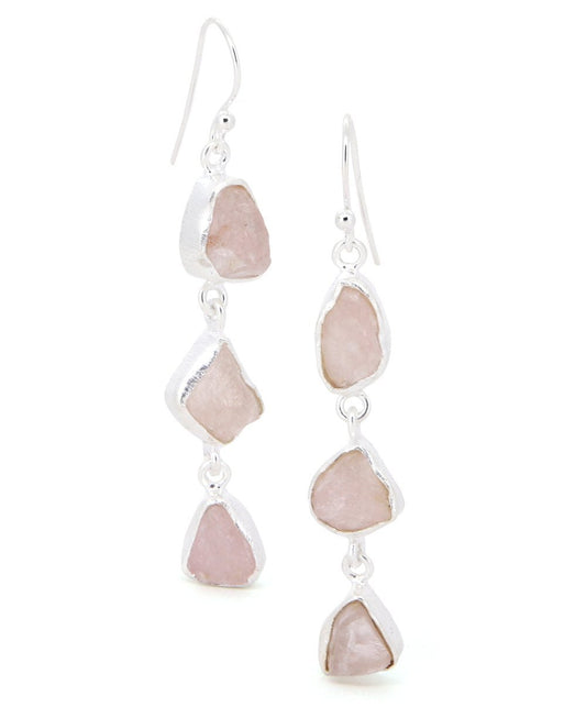 Stainless Steel And Raw Cut Rose Quartz Dangle Earrings