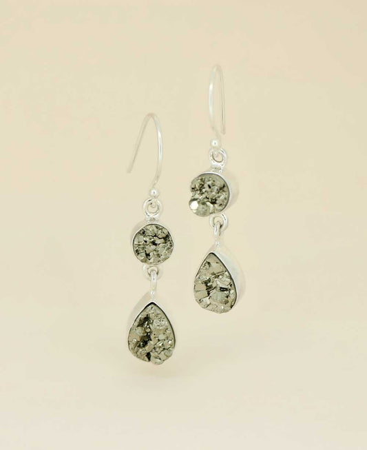 Stainless Steel Dual Pyrite Gemstone Dangle Earrings