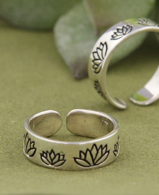 Stainless Steel Engraved Lotus Ring, Adjustable By Becauseenne