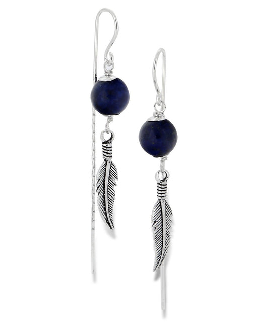 Stainless Steel Feather Lapis Threader Earrings