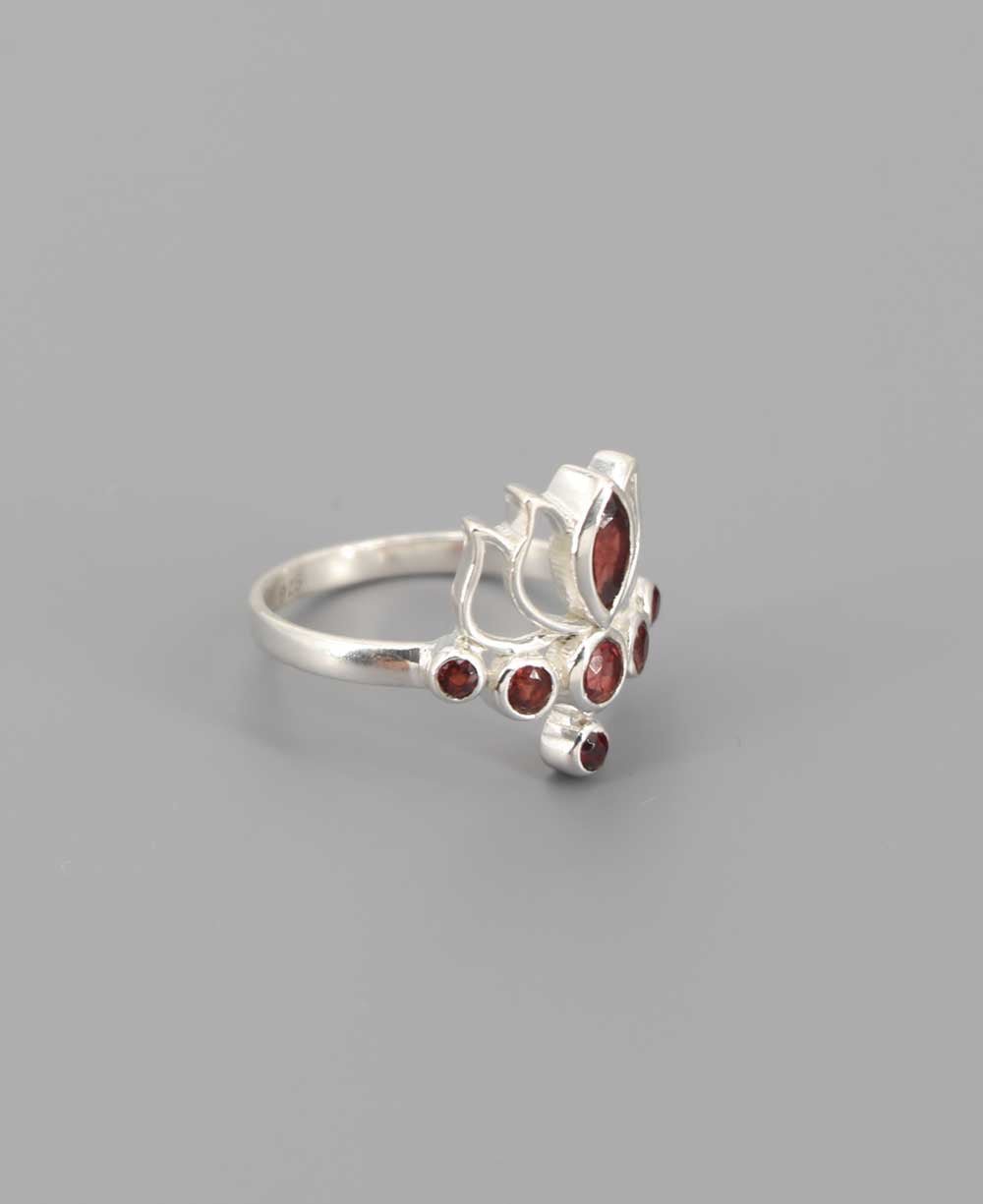 Stainless Steel Garnet Lotus Ring