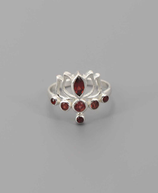 Stainless Steel Garnet Lotus Ring