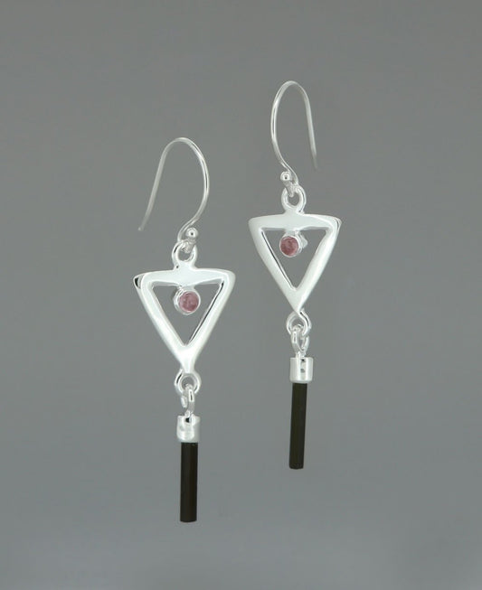 Stainless Steel Inverted Delta Earrings With Pink And Green Tourmaline