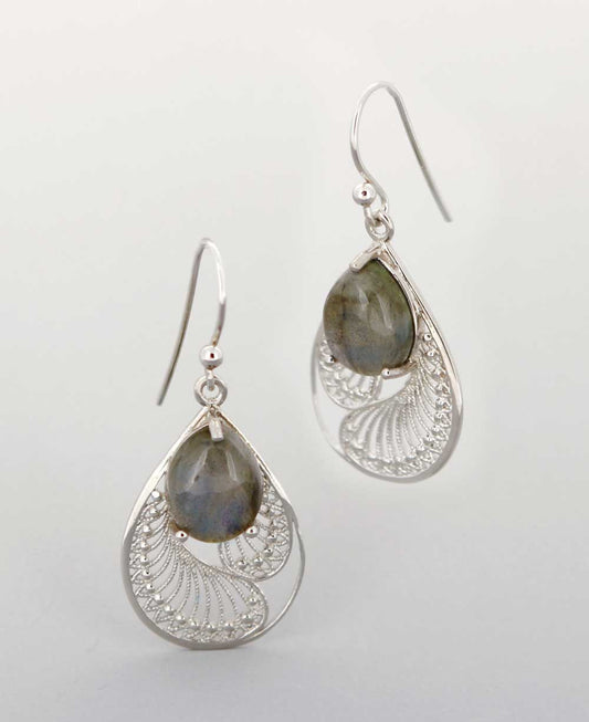 Stainless Steel Labradorite Earrings In Feather Design