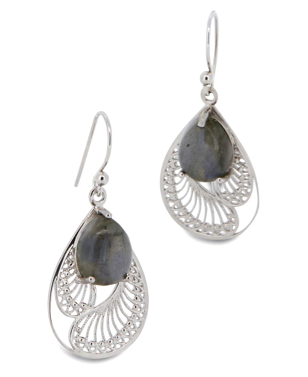 Stainless Steel Labradorite Earrings In Feather Design