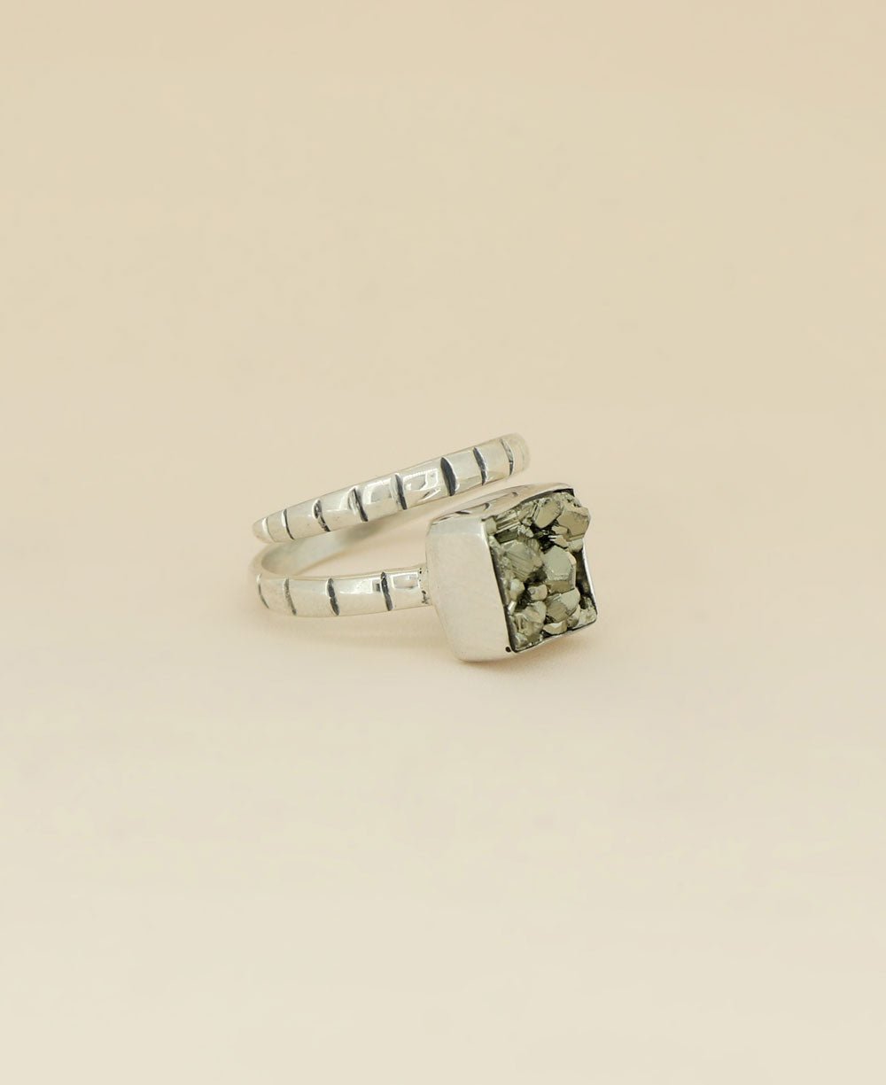 Stainless Steel Pyrite Gemstone Adjustable Ring