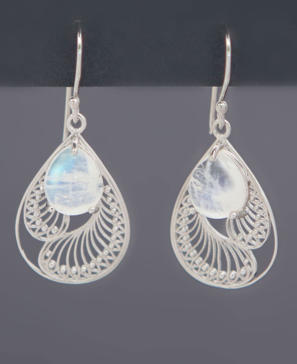 Stainless Steel Rainbow Moonstone Earrings In Feather Design