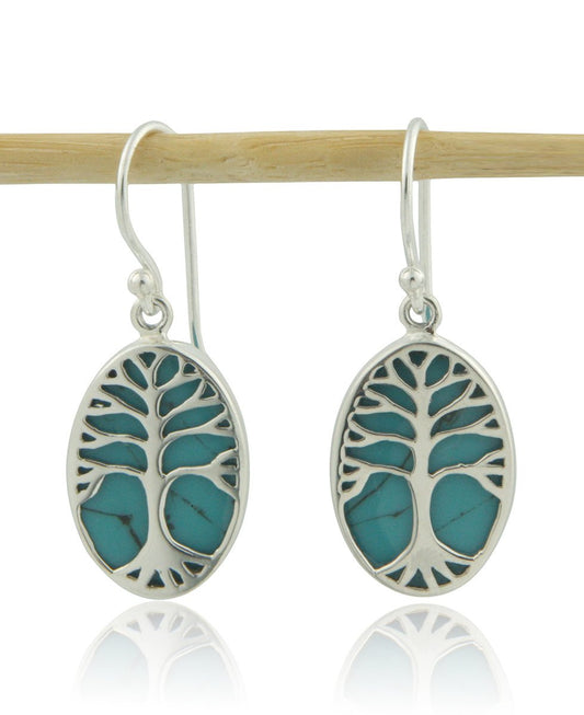 Stainless Steel Tree Of Life Reconstituted Turquoise Earrings