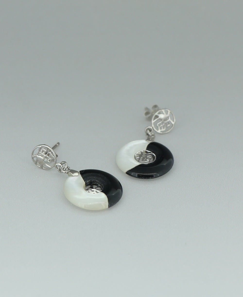 Stainless Steel Yin Yang Earrings With Mother Of Pearl And Black Onyx