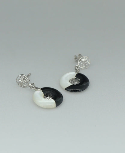 Stainless Steel Yin Yang Earrings With Mother Of Pearl And Black Onyx