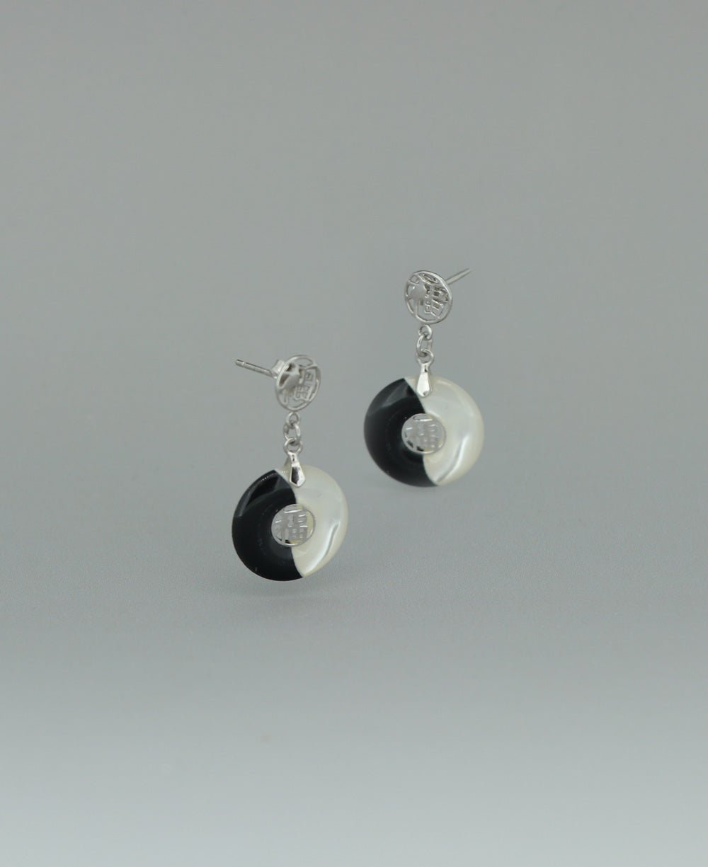 Stainless Steel Yin Yang Earrings With Mother Of Pearl And Black Onyx